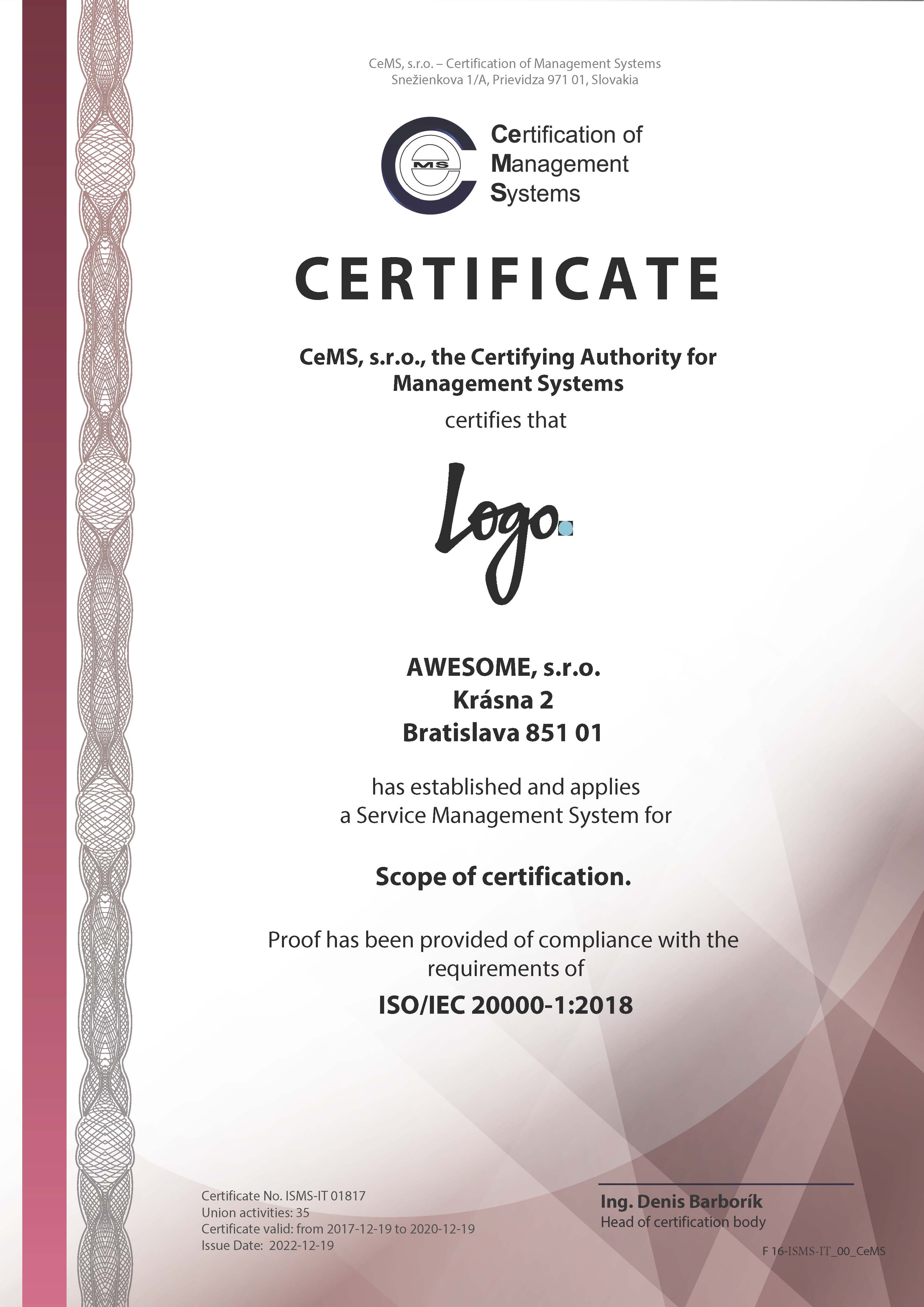 Certificate ISO 20000-1 by CeMS